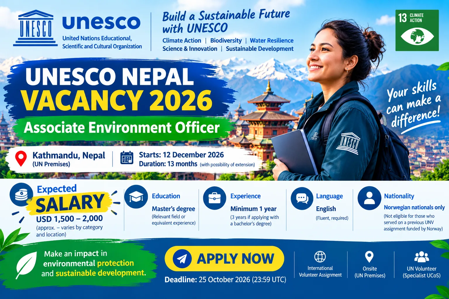 UNESCO Nepal Vacancy 2026 for Associate Environment Officer in Kathmandu, including qualifications, expected monthly allowance and application deadline.