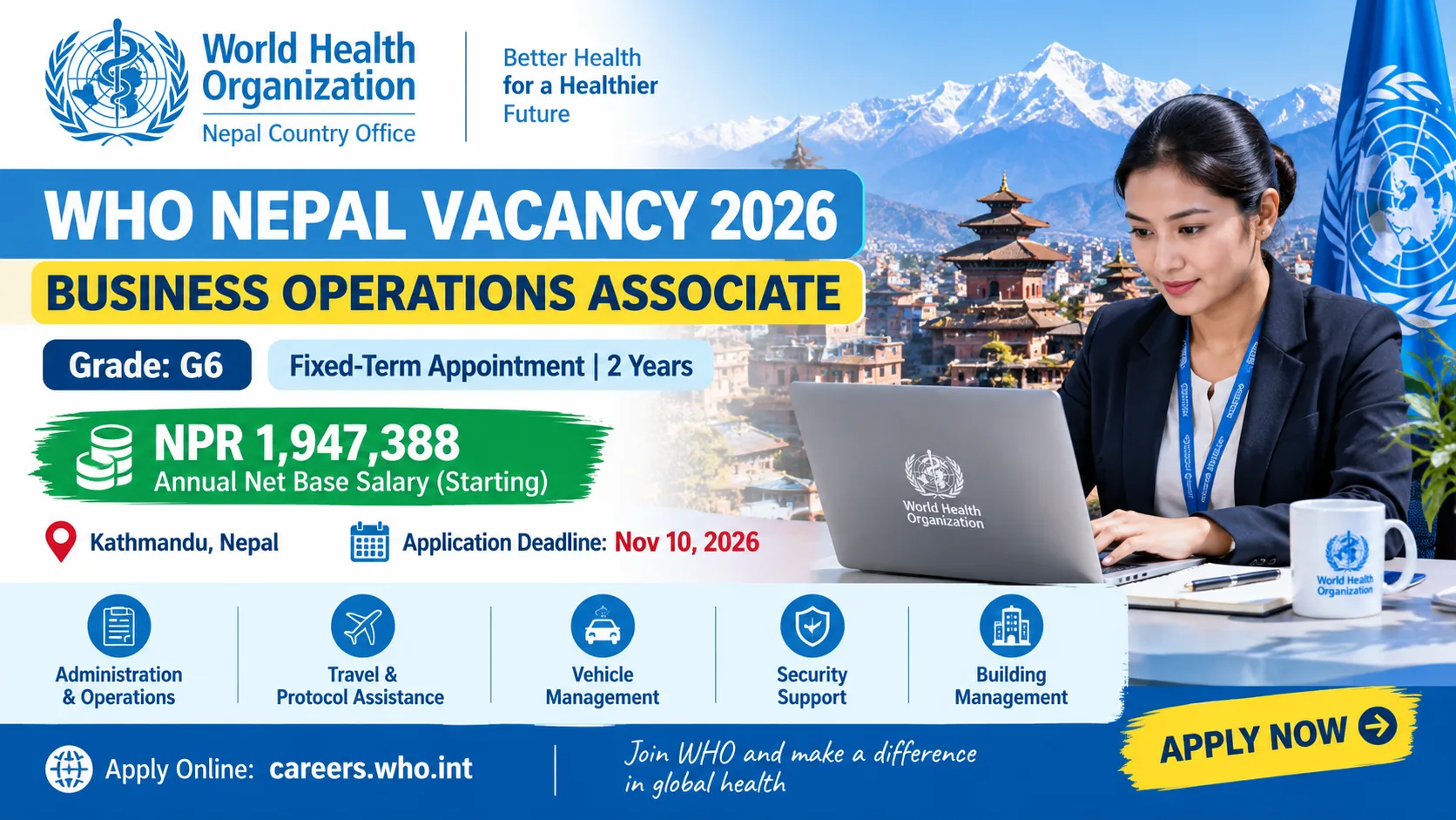 WHO Nepal Business Operations Associate Job Vacancy 2026 with NPR 1,947,388 annual salary in Kathmandu.