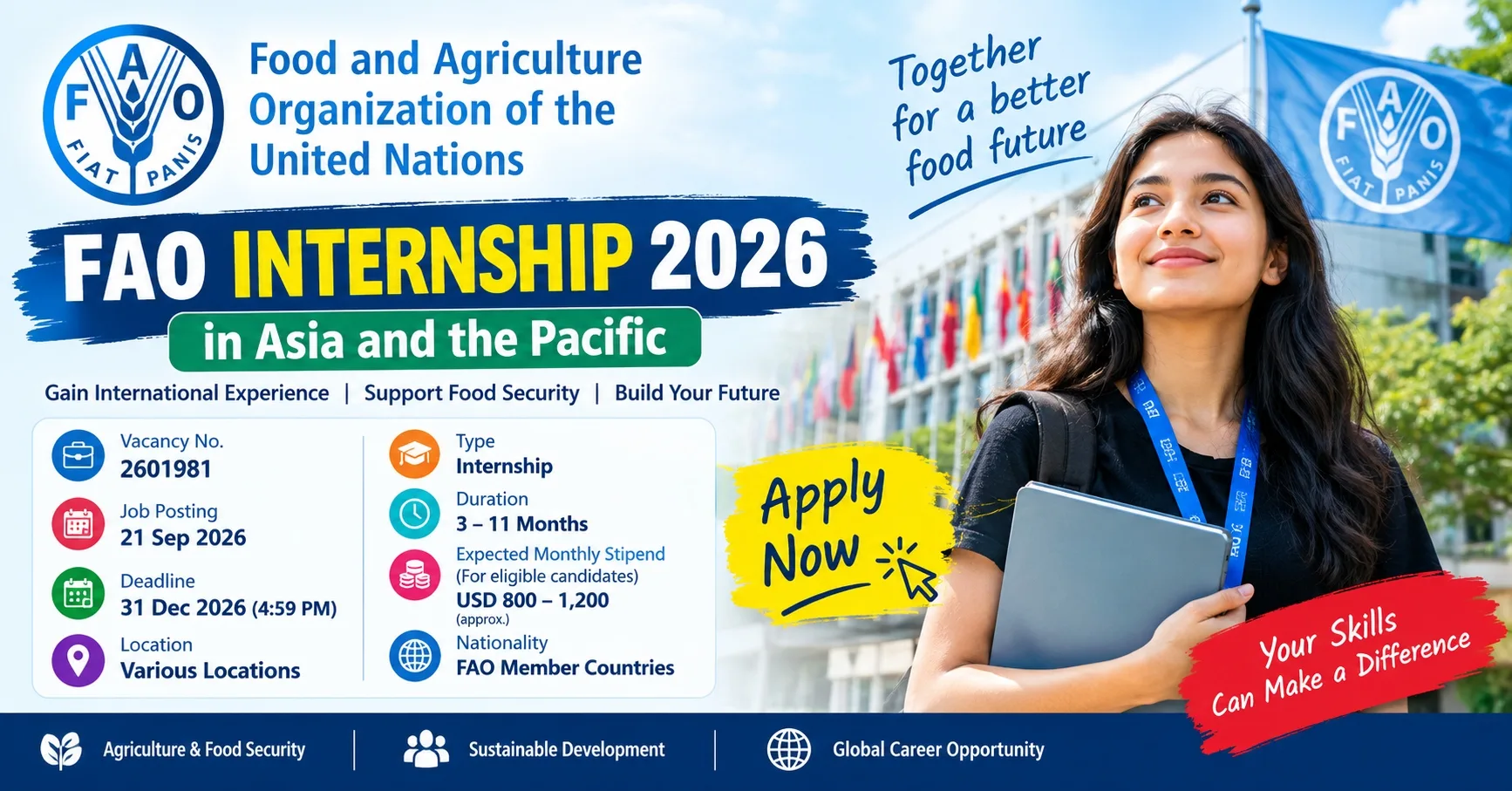 FAO Internship 2026 in Asia and the Pacific with eligibility, internship duration, monthly stipend information and application deadline